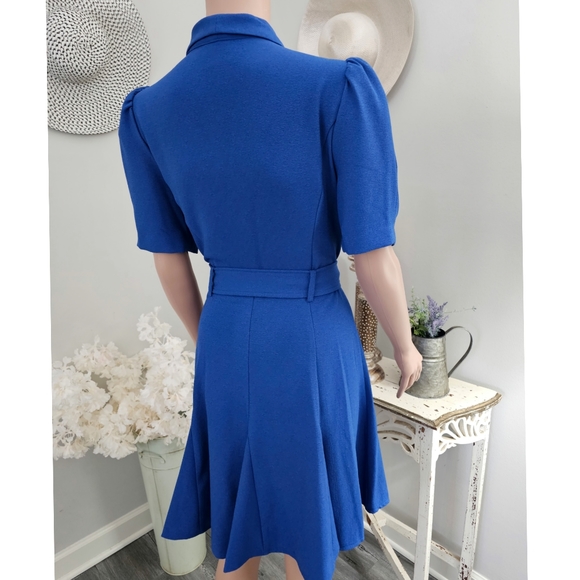 Maison Tara Cobalt Puff Sleeve Belted Waist A-Line Knee Length Dress - Picture 3 of 7